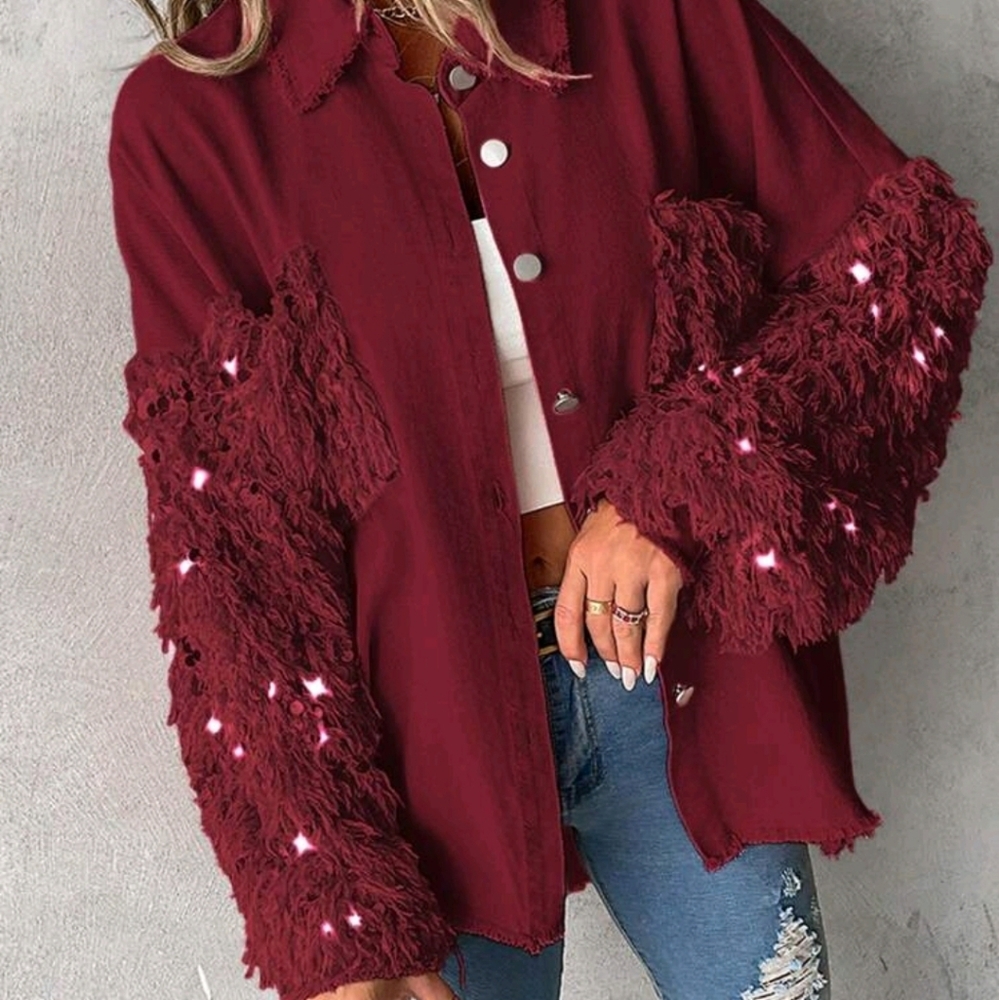 Spring & Fall Turn-Down Collar Contrast Sequin Raw Hem Button Front Jacket - Picture 4 of 5